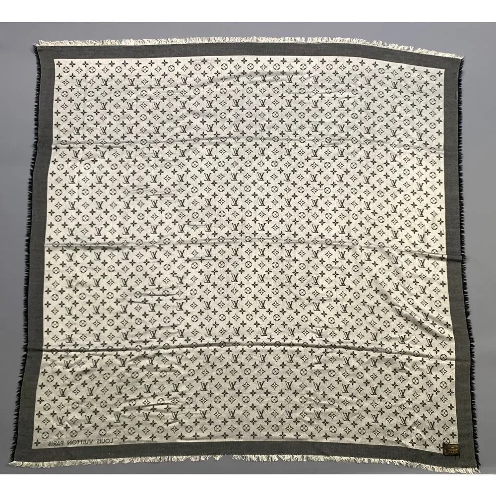 LOUIS VUITTON Silver Black Logo Silk Wool Scarf